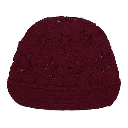 ZLYC Women Summer Slouchy Crochet Hat Handmade Cutout Skull Cap with Visor - color: Plain Burgundy, size: One Size