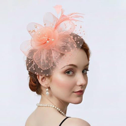 DRESHOW Fascinators Hat Flower Mesh Ribbons Feathers on a Headband and a Clip Tea Party Headwear for Girls and Women - color: 7" Diameter / Champagne