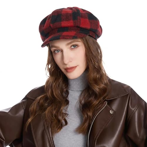 ZLYC Women Classic Newsboy Cap Visor 8 Panel Gatsby Cabbie Paperboy Hat - color: (Plaid) Red