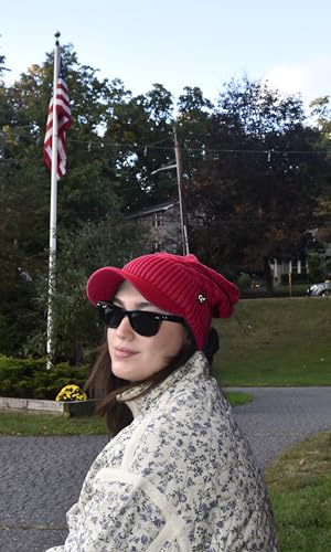 C.C Fuzzy Fleece Lined Warm Oversized Chunky Soft Stretchy Oversized Two Way Ribbed Slouchy Knit Hat with Visor Brim - color: Dark Red
