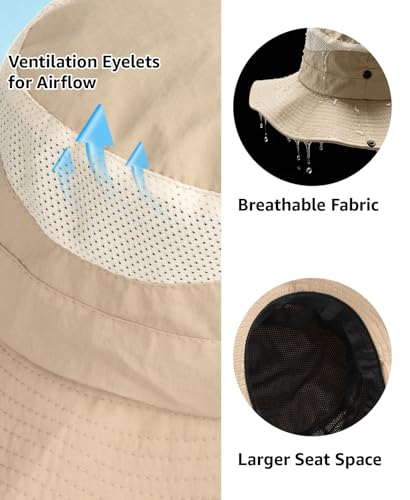 Wide Brim Sun Hat for Men Women, UPF 50+ Waterproof Packable Bucket Boonie Safari Fishing Hat - color: Khaki