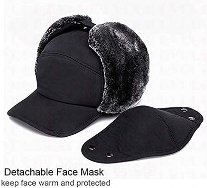 Winter 3 in 1 Thermal Fur Lined Trapper Hat with Ear Flap Full Face Warmer Cover Windproof Cycling Motorcycle Headwear - color: 3-in-1 Black