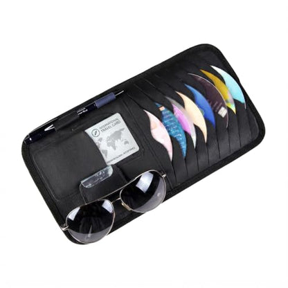 Car Sun Visor CD Holder, Leather Anti-scratch Protective Storage Pouch, Large Capacity Layered Organizer for CD Sunglass Card Pen, Clip-on Sunvisor Accessory for Most Cars (Black)