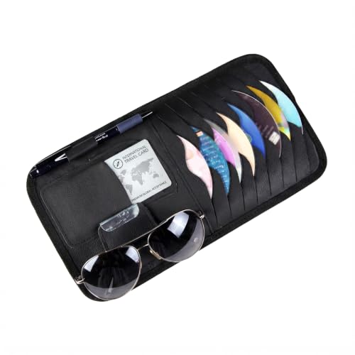 Car Sun Visor CD Holder, Leather Anti-scratch Protective Storage Pouch, Large Capacity Layered Organizer for CD Sunglass Card Pen, Clip-on Sunvisor Accessory for Most Cars (Black)