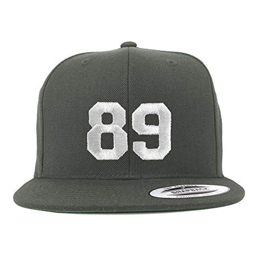 Trendy Apparel Shop Number 89 White Thread Embroidered Flat Bill Snapback Baseball Cap - color: Charcoal