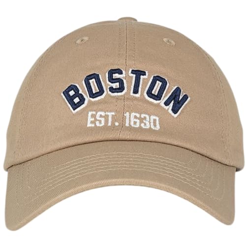 E BY ELIDAN Boston EST 1630 Dad Hat, Embroidered Cotton Baseball Cap - color: Khaki Est 1630