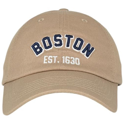 E BY ELIDAN Boston EST 1630 Dad Hat, Embroidered Cotton Baseball Cap - color: Khaki Est 1630