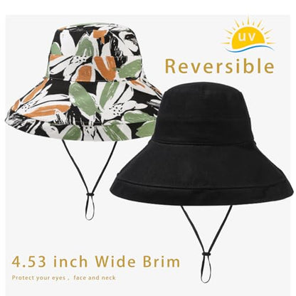 vidsel Womens Sun Hats Wide Brim Reversible Bucket Cotton Hat with Hat Clip - color: Black2, size: Medium