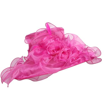 Women Oganza Sun Hat Church Wide Brim Wedding Formal Fascinator Hat - color: Rose