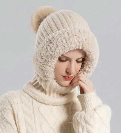 Womens Knit Beanie Hat Fleece Lined Winter Scarf Mask Set Snow Caps Plush Earmuff Skull Hats with Pompom - color: Beige