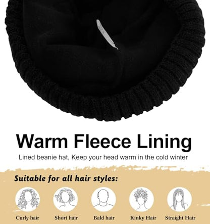 ZTL M/L/XL/XXL Merino Wool Beanie for Men Women, Fleece Lined Large Winter Hat, Big Knitted Cuffed Beanie Ski Skull Cap - color: Black, size: Medium-Large