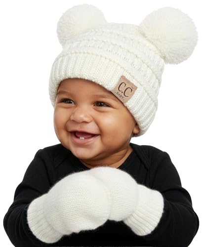 Funky Junque Baby Double Faux Fur Pom Pom Beanie & Mittens Set – Newborn Infant 0–9 Months Winter Hat with Soft Lined Mittens - color: Ivory (0-9 Months)