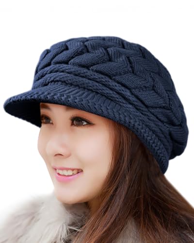 Loritta Womens Winter Beanie Hats, Thick Warm Beanie with Visor Brim - color: Navy Blue