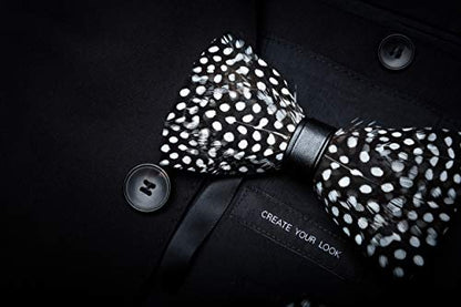 RBOCOTT Handmade Feather Pre-tied Bow tie and Brooch Sets for Men - color: Black/White-1