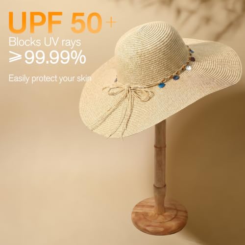 Women's Sun Straw Hat Wide Brim Floppy Foldable Hats Beach Travel Summer Vacation Hat UPF 50+ - color: Beige-shell