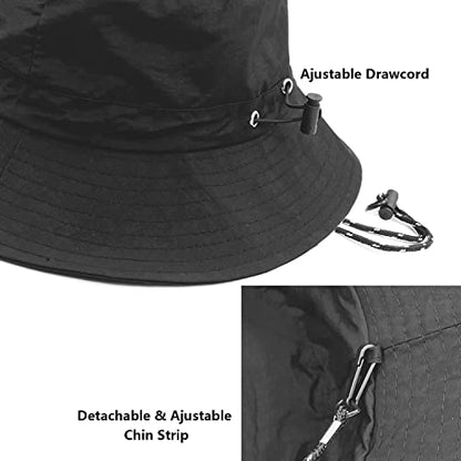 woogwin Waterproof Bucket Rain Hat with Chin Strap Quick Dry Packable Boonie Sun Hat Safari Hat UV Protection - color: Black