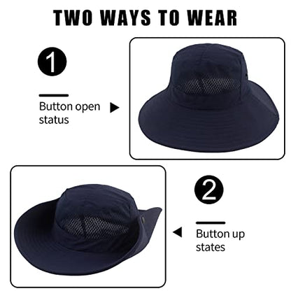 Muryobao Women Ponytail Sun Hat Summer UV Protection Cap Outdoor Foldable Mesh Wide Brim Bucket Hats for Beach Fishing Garden - color: Navy Blue