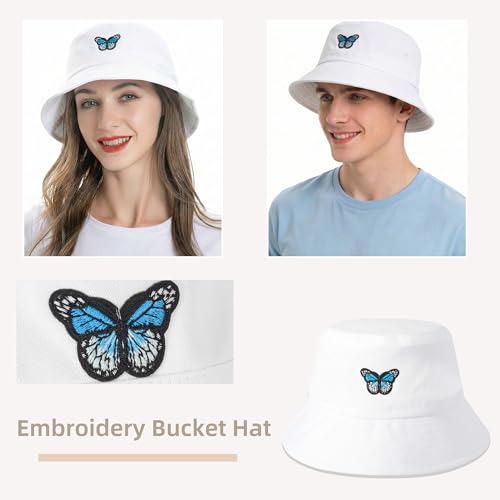 ZLYC Cotton Bucket Hat for Women Men Embroidered Packable Summer Sun Cap - color: White