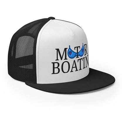 NX Motor Boatin Embroidered Flat Bill Trucker Hat High Crown Snapback Cap - color: Black/ White/ Black