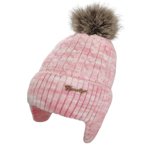 FENELY Women's Knitted Warm Beanie Winter Hat, Warm Chunky Snow Hat with Pompom - color: Pinkspacedye