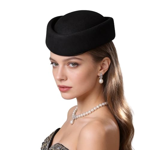 Wool Felt Pill Box Hats for Women Vintage 60s Fascinators Church Hats Cocktail Stewardess Derby Hats with Comb - color: A Black