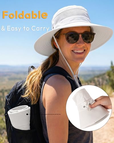 Women's Sun Hat Sun Protection Wide Brim Bucket with Ponytail Hole Summer - color: White