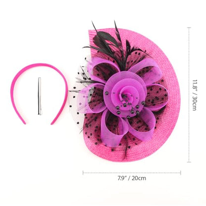 DRESHOW Fascinators Hat Flower Mesh Feathers Hat with a Headband and a Clip 7.9" Tea Party Headwear for Women - color: Folded Style 2: Deep Pink & Black / 7.9"