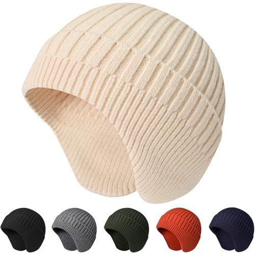 Beanie Hat with Earflap for Men Women, Soft Warm Knit Skull Caps Unisex Fashion Outdoor Winter Hats - color: Beige