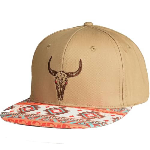EDTREK Performance Outdoorsman Snapback Truck Hat with Flat Brim - Unique Animal Embroidery - color: Western Tan - Bull