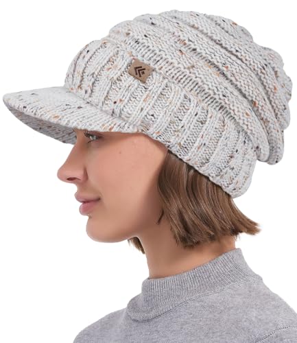 Women Men Winter Beanie Hat with Visor, Warm Fleece Lined Beanie Cap, Thick Knit Cap Slouchy Hat with Brim - color: Oatmeal