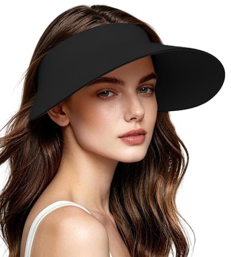 Women's Seamless Sun Visor Hat, Extra-Wide Brim, Ponytail & Bun Friendly - color: Black01