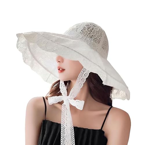 Women Lace Beach Church Sun Hat Wide Brim Travel Bucket Fishing Hat - color: White