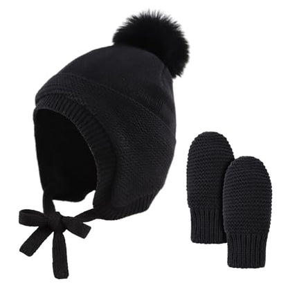 JANGANNSA Basic Winter Baby Beanie Gloves Boy Girl Knitted Kids Hat Mitten - color: Black(hat+gloves)no Thumb, size: 0-6 Months