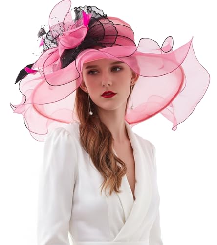 ORIDOOR Women Hats Headband Hairpin Organza Fascinator Church Hat Floral Tea Party Wedding Hat - color: 003d Rose