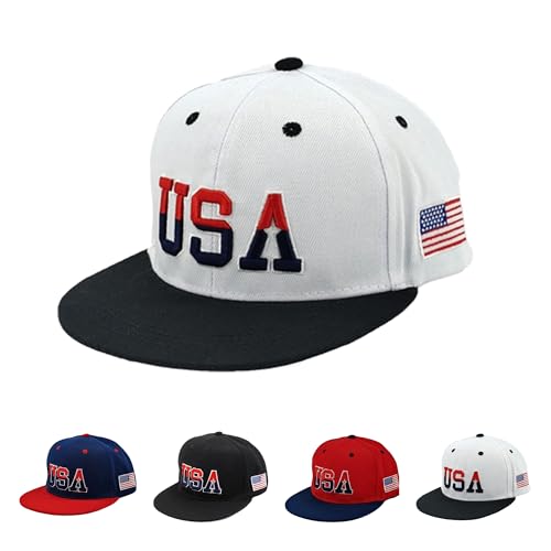 American Flag Baseball Caps Embroiderred USA Flag Patriotic Dad Hat Adjustable Trucker Hats for Men Women - color: White Flat Brim Usa Cap