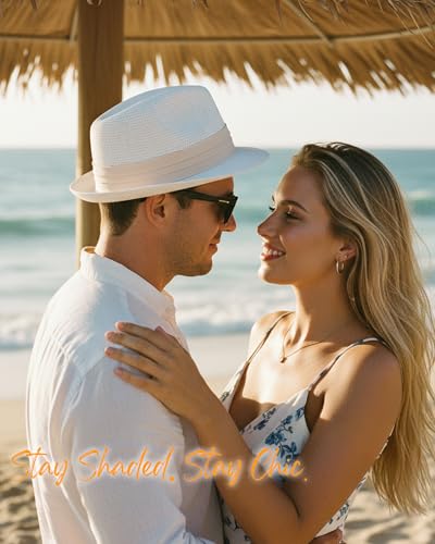 Straw Sun Hat for Men Women Short Brim Beach Trilby Hat UPF 50+ - color: White