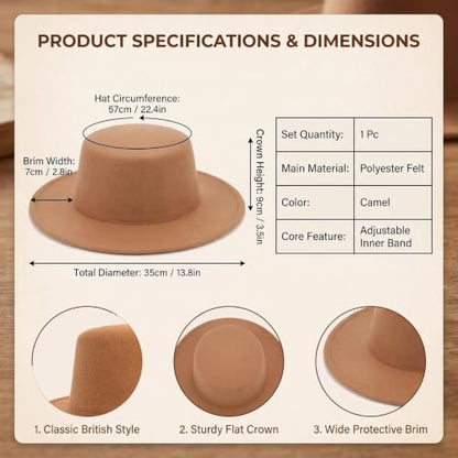 Black Flat Top Fedora Hat, Wool Blend Derby Cap Classic Formal Hat for Events & Daily Wear - color: Khaki