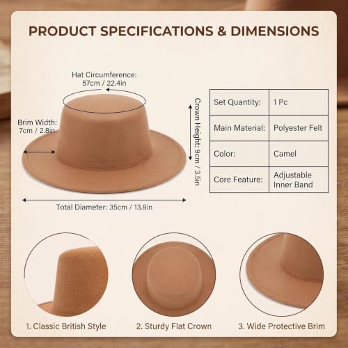 Black Flat Top Fedora Hat, Wool Blend Derby Cap Classic Formal Hat for Events & Daily Wear - color: Khaki