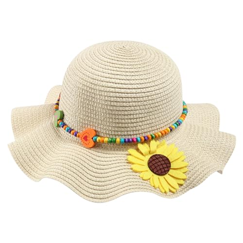 Girls Straw Hat with Flower Round Sunglasses, Summer Foldable Large Brim Sunflower Bowknot Beach Toddler Straw Sun Hat, 2-6T - color: Beige