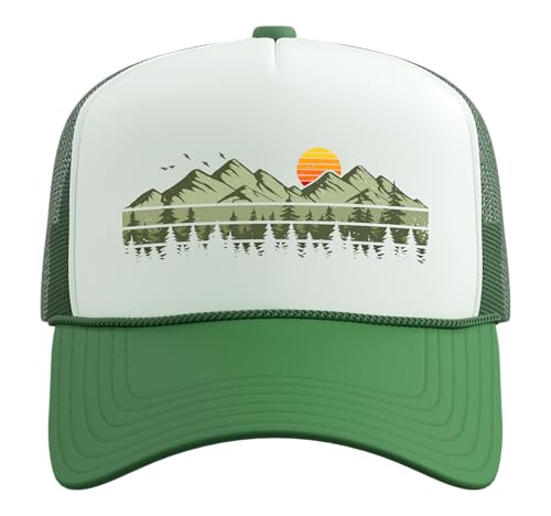 Trees Landscape Mountains Vintage Forest Trucker Hat with Adjustable Mesh Back - color: Kelly Green/White