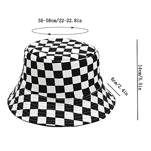 Cotton Checkered Bucket Hat Summer Fashion Fisherman Beach Sun Hats for Women and Men - color: Black