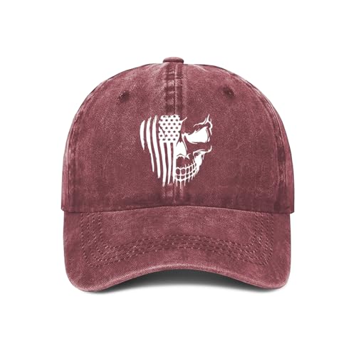 American Flag and Skull Baseball Cap Adjustable Vintage Washed Cotton Hats Gift for Men Women - color: Red
