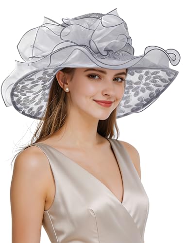 Z&X Organza Church Fascinator Wedding Tea Party Derby Hats for Women Flower Wide Brim Sun Hats - color: 01c Grey