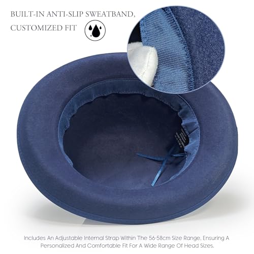 Classic Fedora Hat with Feather, Dome Hard Bowler Cap - color: Navy Blue