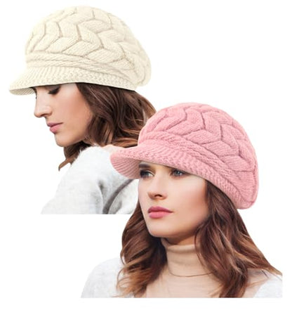 YSense 2 Pack Womens Winter Hats Warm Knit Beanie with Visor - color: Beige Pink