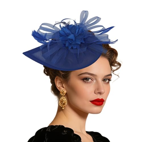 Women Vintage Fascinator Hat Flower Feather Mesh Headband Clip Pillbox Headwear for Wedding Tea Party - color: 01 Royal Blue
