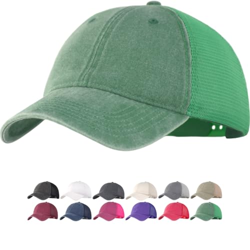 Vintage Washed Soft Crown Baseball Cap Plain Snapback Trucker Hat Men Women Adjustable Distressed Mesh-Back Ball Cap - color: Kellygreen, size: One Size