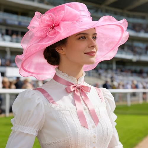 AQOKKA Women Organza Church Fascinators Kentucky Derby Hats for Women and Girls Wedding Flower Tea Party Hat with Wide Brim - color: Deep Pink
