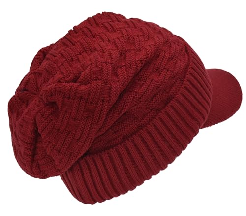 C.C Fuzzy Fleece Lined Warm Oversized Chunky Soft Stretchy Oversized Two Way Ribbed Slouchy Knit Hat with Visor Brim - color: Dark Red