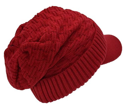 C.C Fuzzy Fleece Lined Warm Oversized Chunky Soft Stretchy Oversized Two Way Ribbed Slouchy Knit Hat with Visor Brim - color: Dark Red